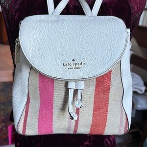 Kate Spade. Backpackl  Small  striped tweed.  White leather  Pocket in flap EUC.